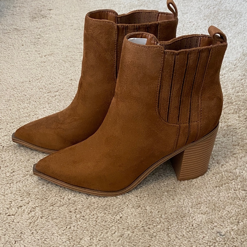 Classic Tan Faux-Suede Ankle Booties with Stacked Heel